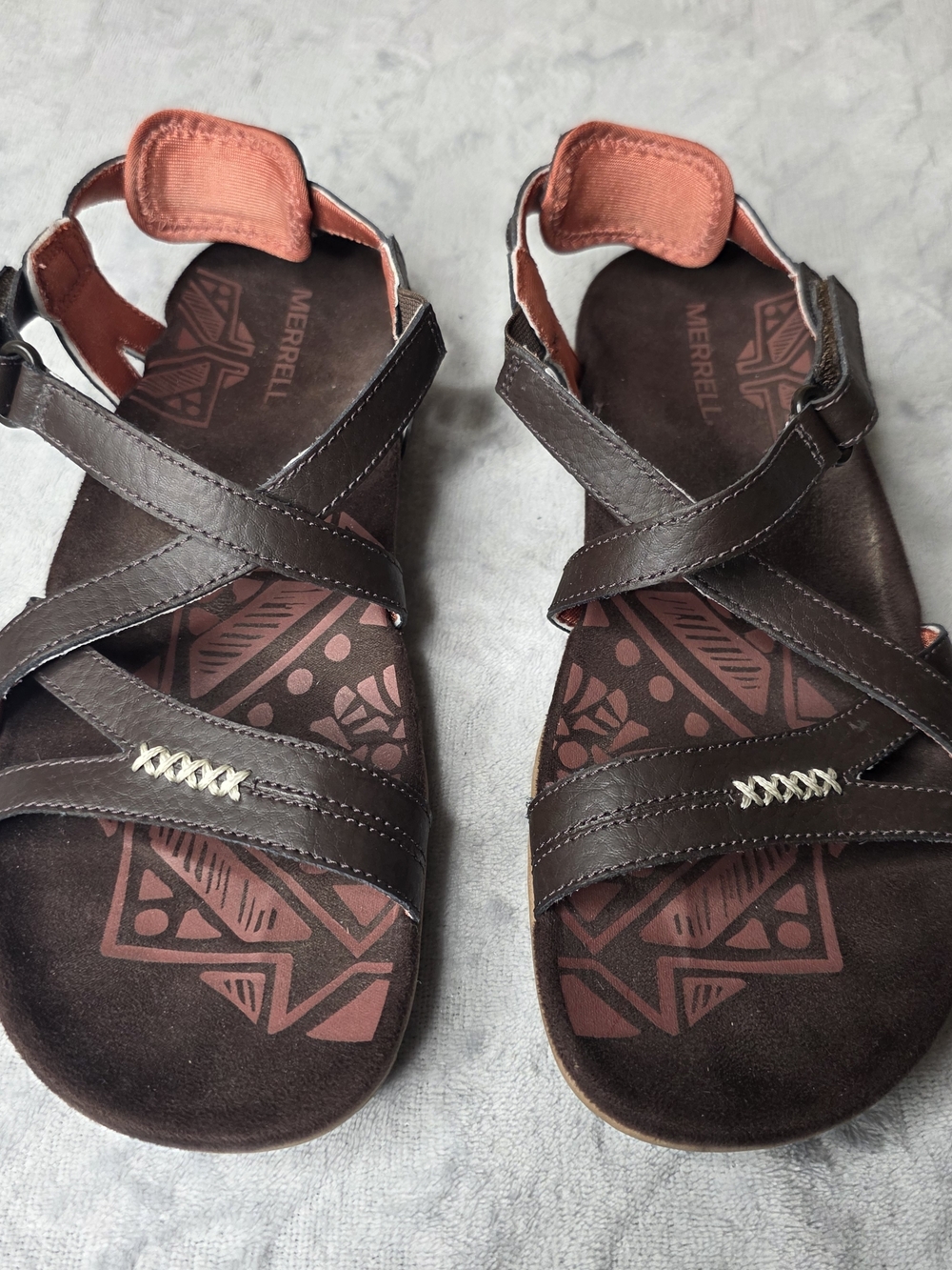 Merrell Women's Sandspur Leather Sandal Sz 9 Espresso/Red Strappy Hook & Loop
